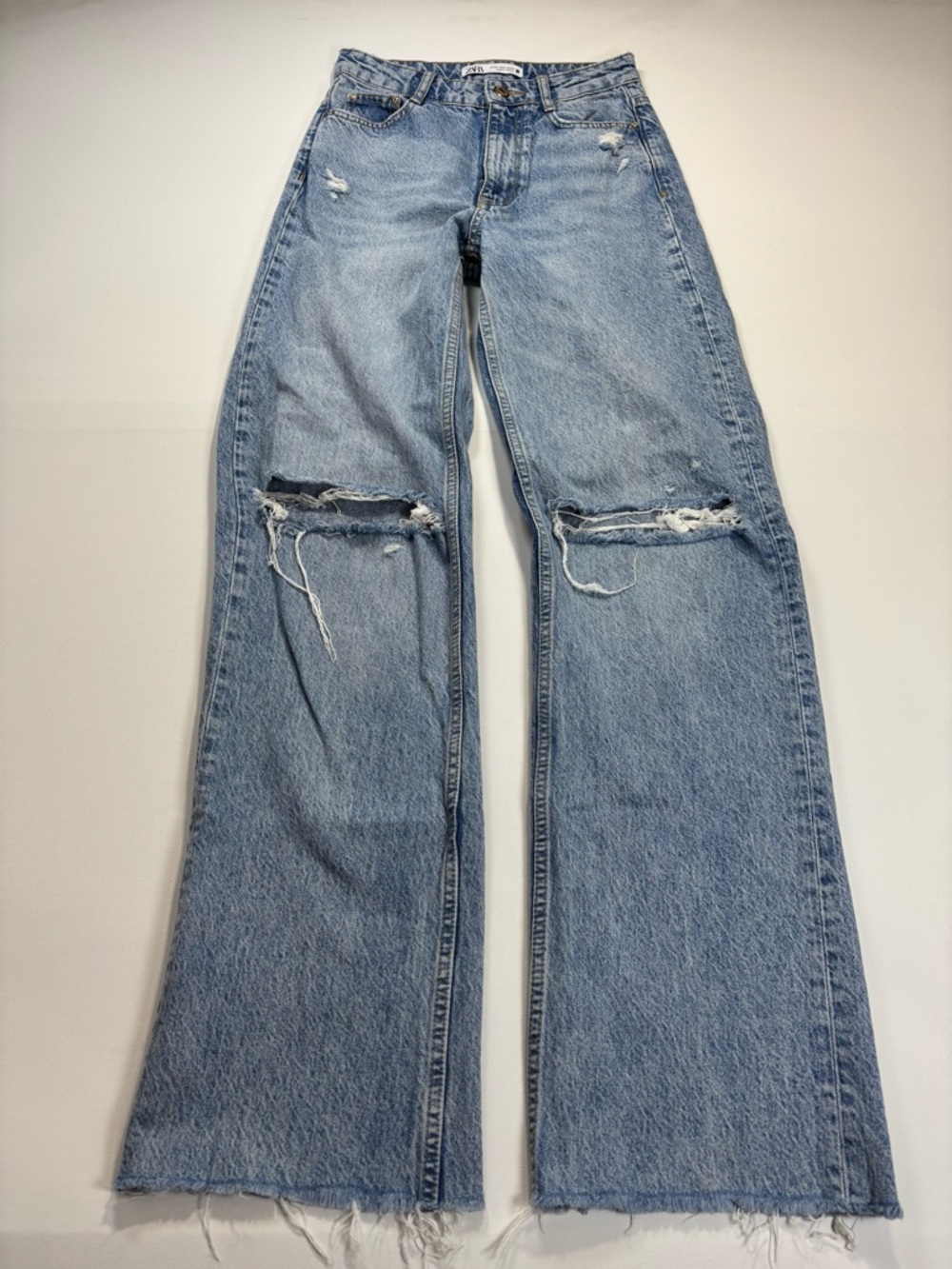 Zara Light Wash Distressed Wide Leg Jeans
